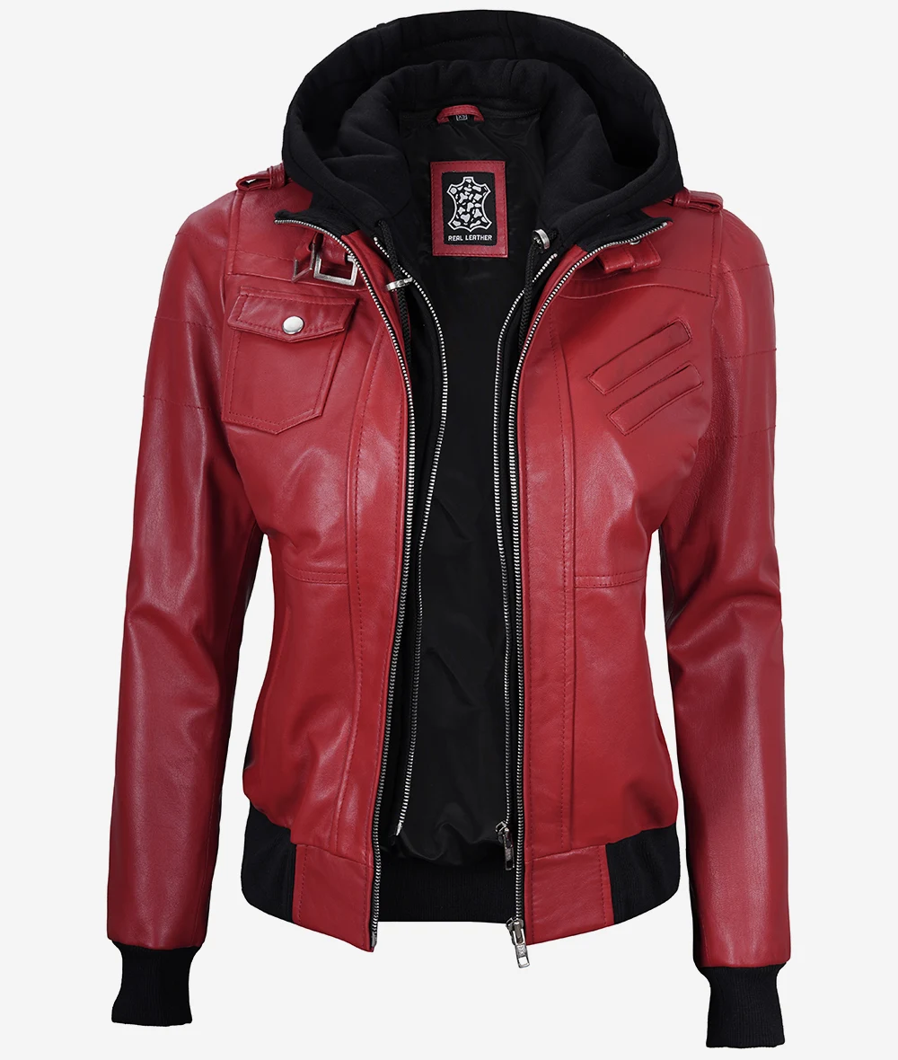 Womens Red Hooded Bomber Leather Jacket