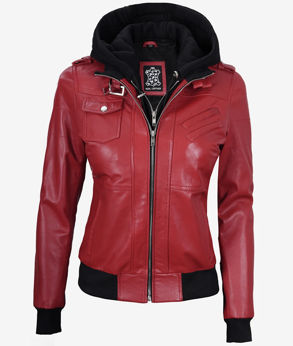 Womens Red Hooded Bomber Leather Jacket