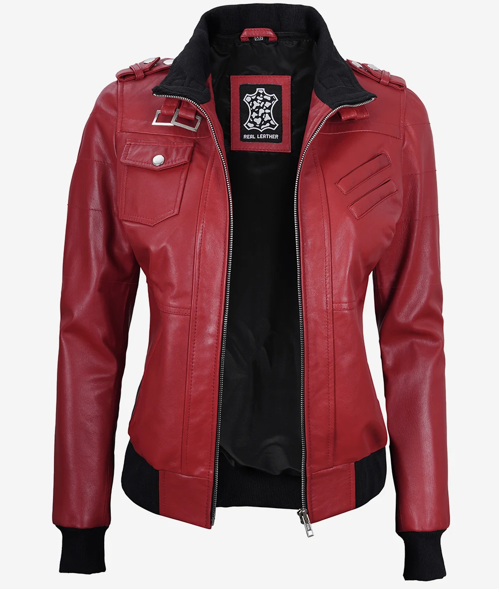 Womens Red Hooded Bomber Leather Jacket