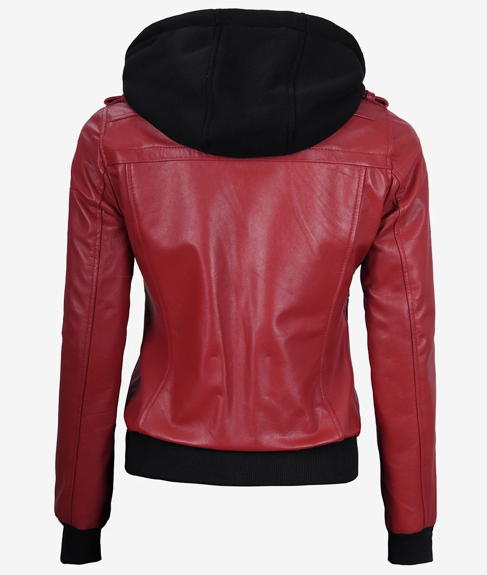 Womens Red Hooded Bomber Leather Jacket