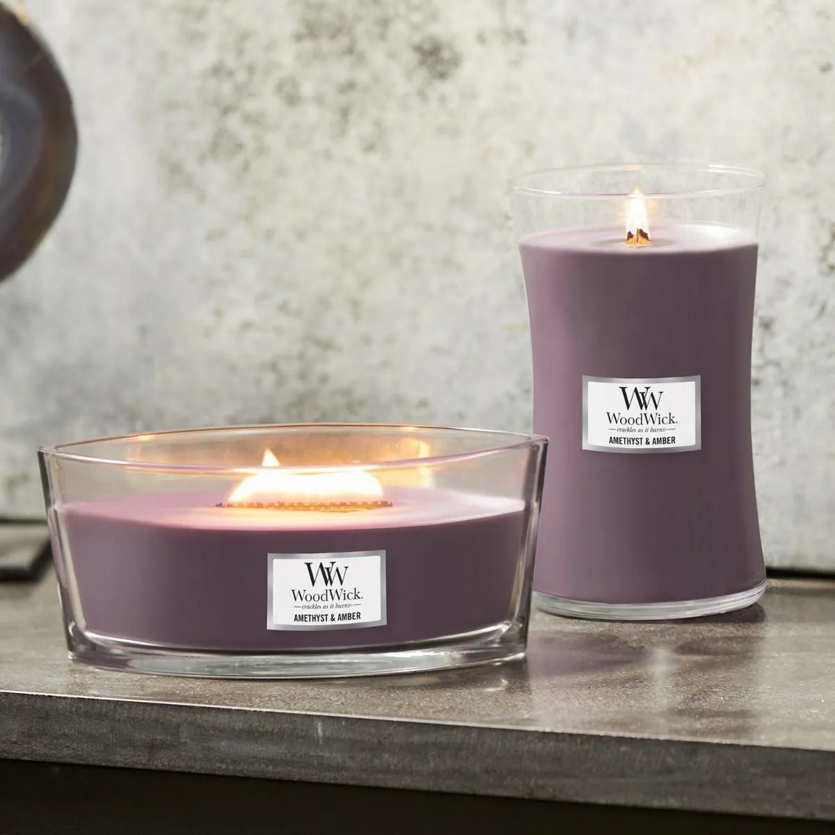 WoodWick Amethyst & Amber Candle Crackles As It Burns Ellipse Hearthwick