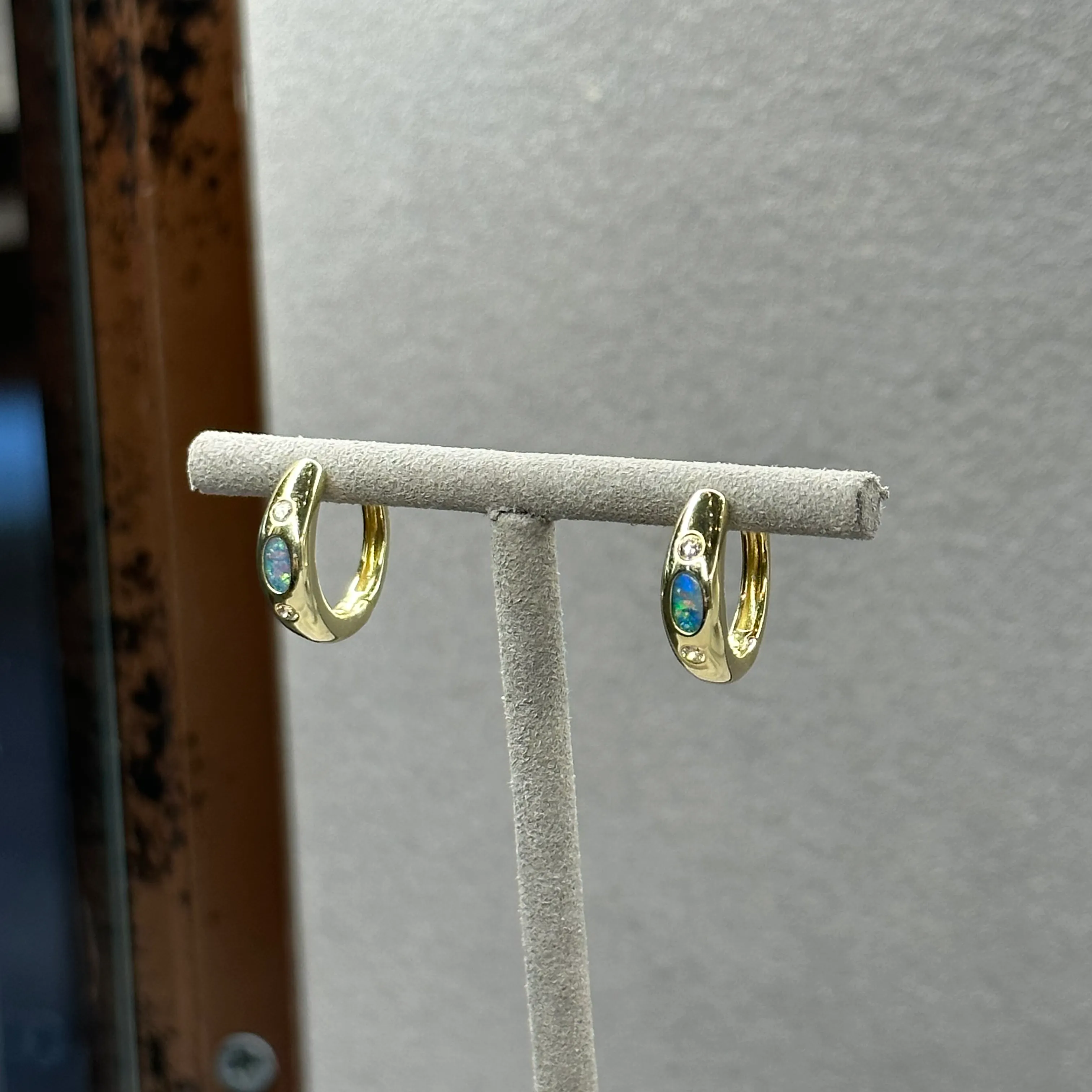 Yellow Gold Burnish Opal and Diamond Huggies